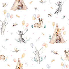 Cute family baby raccon, deer and bunny. animal nursery giraffe, and bear isolated illustration. Watercolor boho raccon drawing nursery seamless pattern. Kids background, nursery print