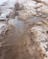 Snow melts on the road as a background