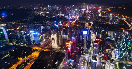 A bird's eye view of the night scene of urban architectural landscape in Shenzhen