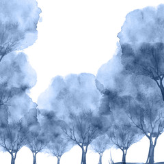 Watercolor postcard with a picture of a silhouette of trees, branches. blue, monochrome  paint, Indian ink, vintage retro pattern.
 Night landscape.