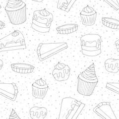 Hand drawn vector pastry seamless pattern with cakes, pies, muffins and eclairs covered with topping. Sweet bakery products contours in sketchy style on the dotted background.