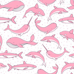 Vector seamless pattern with pink whales, sharks, narwhals and dolphins on the polka dot white background. Sea creatures and marine life. - 197592781