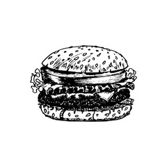 Hand drawn illustration of classic burger. Vector fast food symbol.Bistro icon. Street eatery poster.