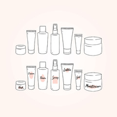 Set of blank template skin care hand drawn vector illustration with cream,lotion,gel,toner,spray,mask,moisturizer.Packaging pot. White plastic cosmetic jar product. - 197593373