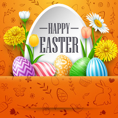 Happy Easter Greeting card with colored eggs and flowers on cute doodles background