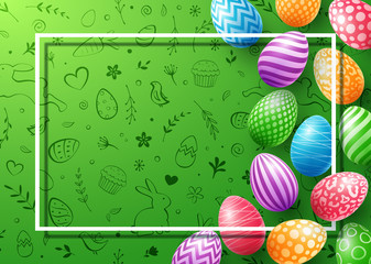 Collection of colorful eggs with frame empty for text on cute doodle background