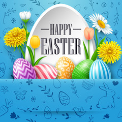 Happy Easter greeting card with colored eggs, flowers, on cute doodles background