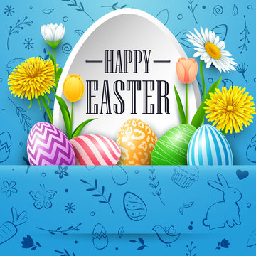 Happy Easter greeting card with colored eggs, flowers, on cute doodles background