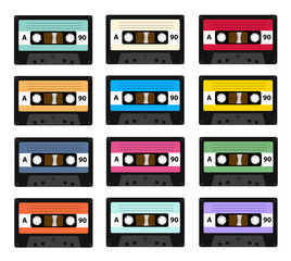 Set of audio cassette old tape recorders used in the 80s of the 20th century. It can be used as an illustration of the history of the technology of sound reproduction technology.
