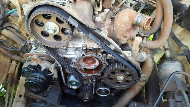 Car engine, distribution strap and twin cam