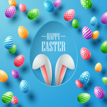Happy Easter card with bunny ears hiding in egg hole and colorful eggs on blue background