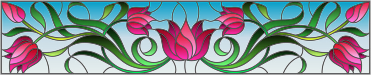 Naklejki  Ilustracja w stylu witrażu z kwiatami, liśćmi i pąkami różowych tulipanów na niebieskim tle, symetryczny obraz, orientacja pozioma