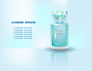 Advertising of cosmetic products. Image of a blue bottle on a blue background.