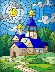 Illustration in stained glass style with Church on the background of summer landscape, a Church on the background of the Sunny sky and green trees