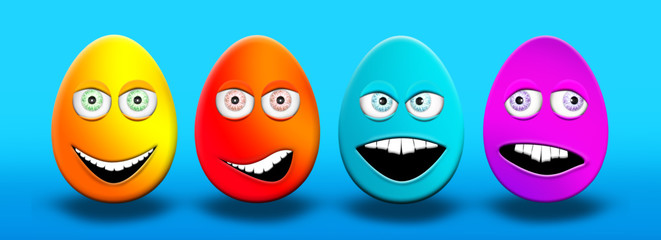 Easter Eggs With Eyes and Mouth Feeling Happy, Confused, Angry and Stupid 3D Illustration