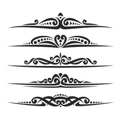 Vector set of black page dividers for greeting text, 5 simple separators of victorian style for wedding title, design elements for create border, ornate decorations with flourishes ornament on white