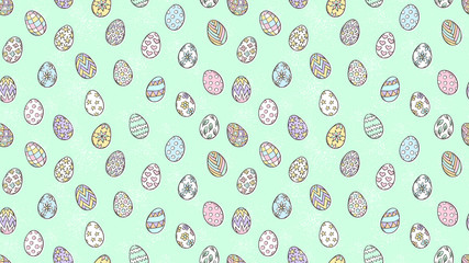 Easter eggs pattern. Spring holiday symbols. Egg sketch. Holiday decoration. Kids drawing. Easter ornament. Retro style. Vector background.