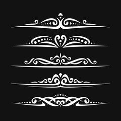 Vector set of white page dividers for greeting text, 5 simple separators of victorian style for wedding title, design elements for create border, ornate decorations with flourishes ornament on black