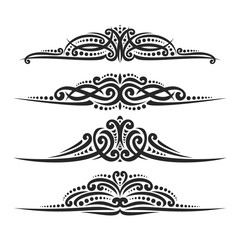 Vector set of black page dividers for greeting text, 4 filigree separators of indian style for wedding title, design elements for create border, ornate decorations with flourishes ornament on white.