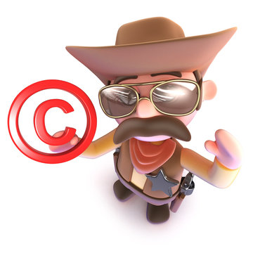 3d Funny cartoon cowboy sheriff character holding a copyright symbol