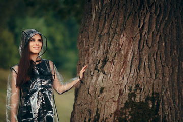 Trendy Woman in Clear Transparent Raincoat in Summer Rain