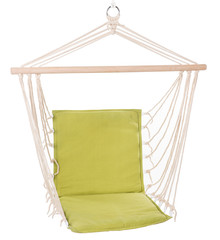 Obraz na płótnie Canvas green swing made of cloth hanging on clothesline, isolated on white