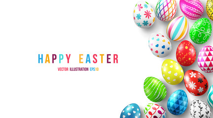 Fototapeta na wymiar Easter Day banner background template with Colorful Painted Easter Eggs.Easter eggs with different texture on white background.Vector illustration EPS10