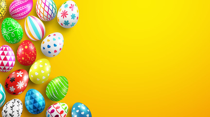 Fototapeta na wymiar Easter Day banner background template with Colorful Painted Easter Eggs.Easter eggs with different texture on yellow background.Vector illustration EPS10