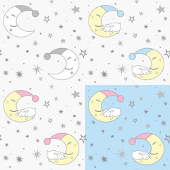Cute Little Kawaii Style Sleepy Sheep Sleeping on Crescent Moon and Stars Light Colors Seamless Pattern Set