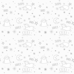 Cute Little White Kawaii Style Baby Sheep with Crescent Moon and Stars Dreamy Scene Sleepy Baby Gray and White Seamless Pattern
