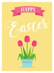 Happy Easter - vector illustration in flat style with lettering and tulips in pot. Greeting card design template