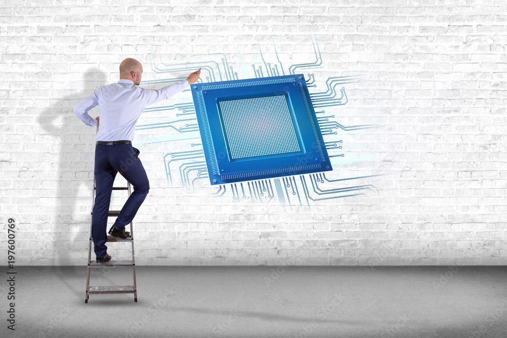 Poster businessman in front of a wall with a processor chip and network connection - 3d render