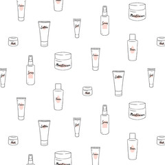 Set of skin care pattern with cream,lotion,gel,toner,spray,mask,moisturizer.Packaging pot. Hand drawn vector illustration.White plastic cosmetic jar product.