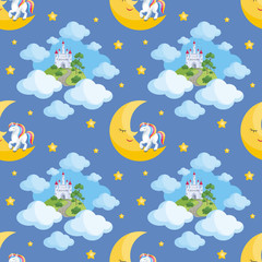 Fairy children seamless pattern with the image of cute unicorns. Colorful vector background in cartoon style.