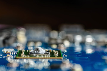 Closeup on electronic board in hardware repair shop, applying thermal paste to the processor. soft focus. Shallow DOF