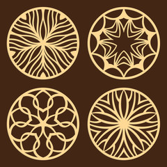 DIY laser cutting patterns. Jigsaw die cut ornaments. Islamic cutout silhouette stencils. Fretwork round panels. Vector coasters for paper cutting, scrapbook and woodcut.