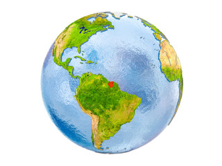 Suriname on globe isolated
