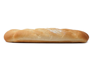 One fresh french baguette on white background
