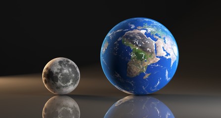 3D Rendering Of Realistic Earth Planet And Moon Next To Each Other On Plane With Reflection The Elements Of This Image Furnished By NASA For Textures