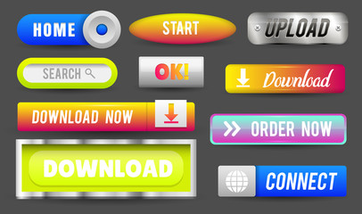 Collection of Web Buttons, Elements Set. Vector Templates, banners and labels, media, ribbons icons for website or app, navigation menu bars.
