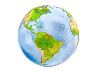 Guyana on globe isolated