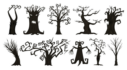 Halloween trees, creepy or scary and frightening branches. fabulous mythical or fantastic monsters. wooden creatures in the forest.