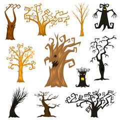Halloween trees, creepy or scary and frightening branches. fabulous mythical or fantastic monsters. wooden creatures in the forest.