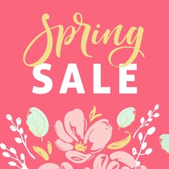 Spring sale banner template with blossom flowers and modern brush calligraphy for online shopping, vector illustration.