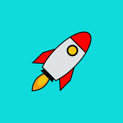 Rocket vector icon. Start up concept symbol space roket ship in trendy flat style isolated on blue background