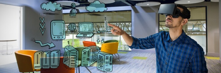Composite image of businessman looking though virtual reality