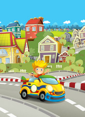 Obraz na płótnie Canvas cartoon funny and happy looking child - boy in racing car on race track near the city - illustration for children