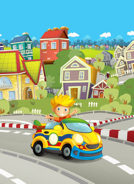 cartoon funny and happy looking child - boy in racing car on race track near the city - illustration for children © honeyflavour