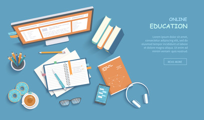 Online education, training, courses, e-learning, distance learning, exam preparation, home schooling. Web banner background. Workplace with monitor, books, notepad, pencil, tea donut. Top view Vector
