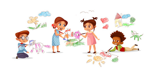 Children drawing pictures with chalk pencils vector illustration of cartoon kids kindergarten. Flat design boys and girls with color pencils draw sketch pictures on walls and floor